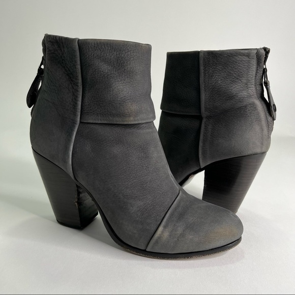 RAG & BONE Classic Newbury Distressed Grey Suede Leather Stacked Heel Ankle Boot - Picture 1 of 13